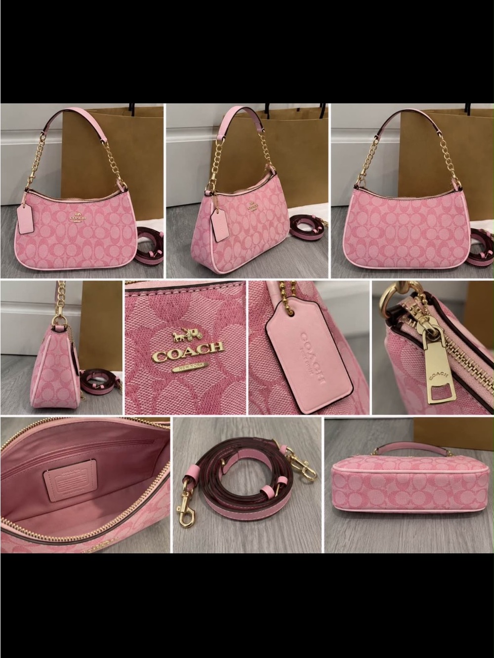 Pink Signature Canvas Shoulder Bag with Gold Chain Strap